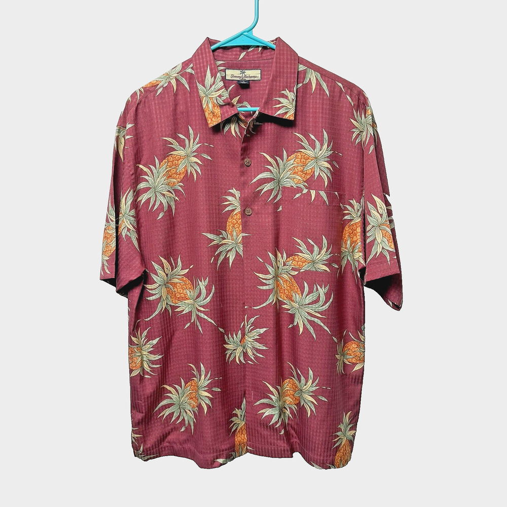 Tommy Bahama Shirt Men Medium Garnett 100% Silk with Pineapple Print